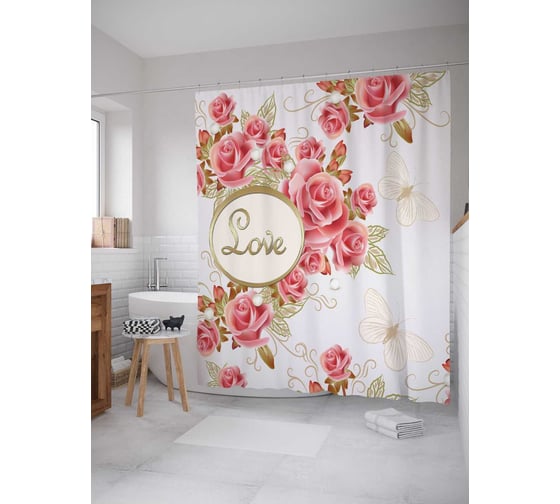 Штора (занавеска) для ванной JoyArty "Любовная открытка" из сатена, 180х200 см с крючками, sc_4441 1