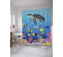 Штора (занавеска) для ванной JoyArty "Черепаха среди рыб" из сатена, 180х200 см с крючками, sc_61342