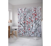 Штора (занавеска) для ванной JoyArty "Заснеженная калина" из сатена, 180х200 см с крючками, sc_6969