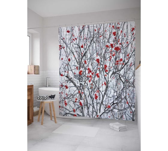 Штора (занавеска) для ванной JoyArty "Заснеженная калина" из сатена, 180х200 см с крючками, sc_6969 1