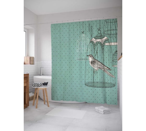 Штора (занавеска) для ванной JoyArty "Птичка в клетке" из сатена, 180х200 см sc_378503 1