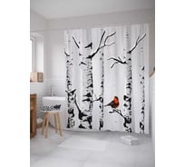 Штора (занавеска) для ванной JoyArty "Птичка на березе" из сатена, 180х200 см с крючками, sc_6617