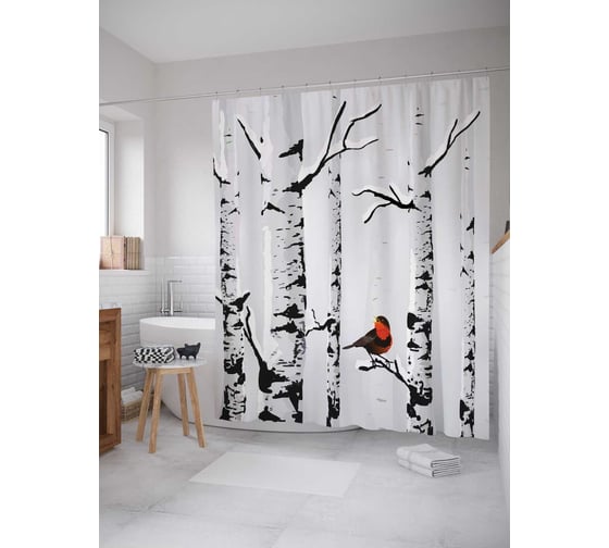 Штора (занавеска) для ванной JoyArty "Птичка на березе" из сатена, 180х200 см с крючками, sc_6617 1