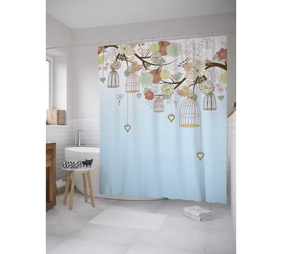 Штора (занавеска) для ванной JoyArty "Лес птичьих клеток" из сатена, 180х200 см с крючками, sc_8195 1