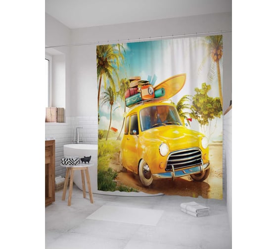 Штора (занавеска) для ванной JoyArty "Желтая машина в отпуске" из сатена, 180х200 см с крючками, sc_40968568 1