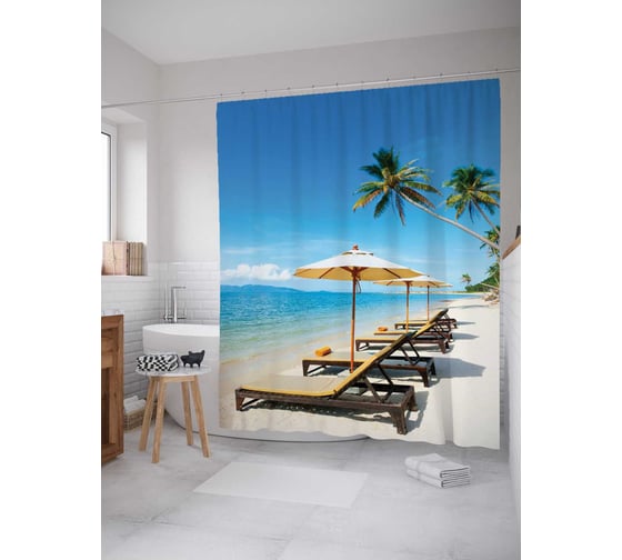 Штора (занавеска) для ванной JoyArty "Курортное ожидание" из сатена, 180х200 см с крючками, sc_9369