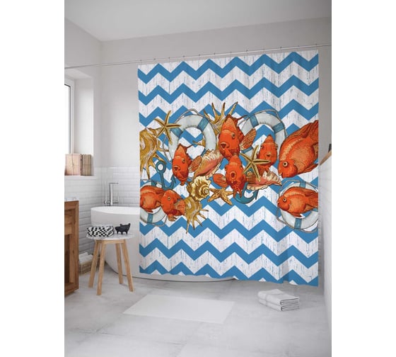 Штора (занавеска) для ванной JoyArty "Рыбы и ракушки на зигзагах" из сатена, 180х200 см с крючками, sc_7598 1