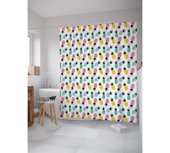 Штора (занавеска) для ванной JoyArty "Цветные ананасы наив" из сатена, 180х200 см с крючками, sc_63150 1