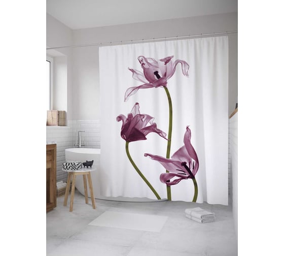 Штора (занавеска) для ванной JoyArty "Летучие цветы" из сатена, 180х200 см с крючками, sc_7982 1
