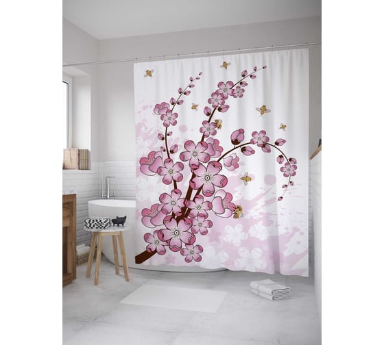 Штора (занавеска) для ванной JoyArty "Веточка счастья" из сатена, 180х200 см с крючками, sc_8304 1