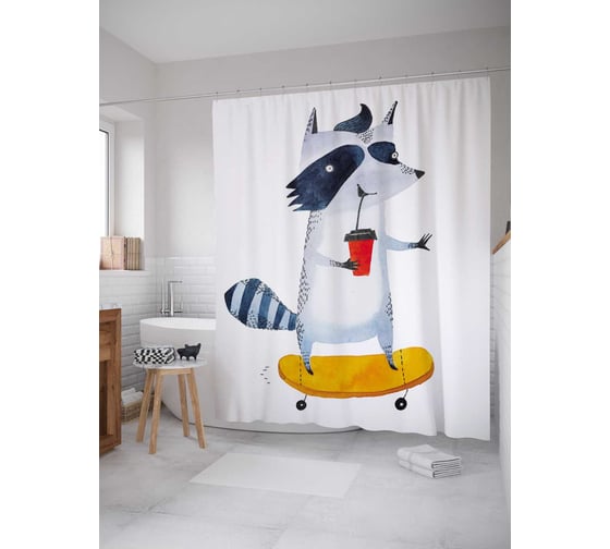 Штора (занавеска) для ванной JoyArty "Веселый енот" из сатена, 180х200 см с крючками, sc_78618 1