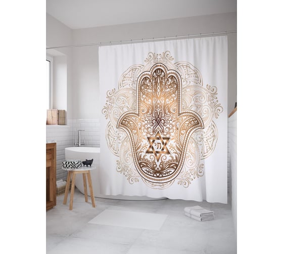 Штора (занавеска) для ванной JoyArty "Хамса в золоте" из сатена, 180х200 см с крючками, sc_64228 1