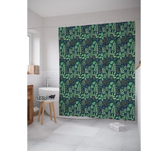 Штора (занавеска) для ванной JoyArty "Ночной папоротник" из сатена, 180х200 см с крючками, sc_64173