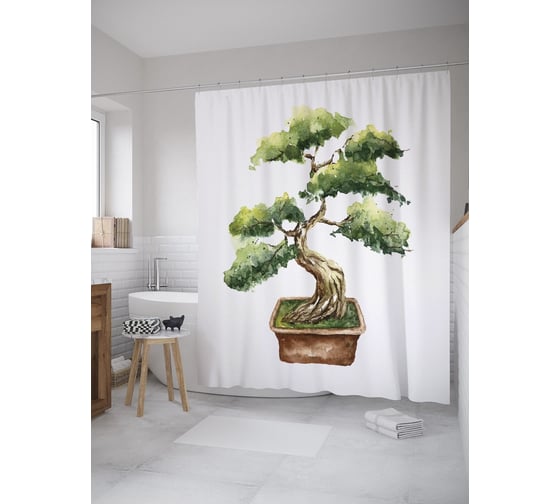 Штора (занавеска) для ванной JoyArty "Миниатюрный бонсай" из сатена, 180х200 см с крючками, sc_61957 1