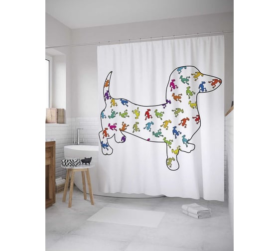 Штора (занавеска) для ванной JoyArty "Лягушки и такса" из сатена, 180х200 см с крючками, sc_7918 1