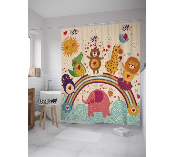 Штора (занавеска) для ванной JoyArty "Звериная радуга" из сатена, 180х200 см с крючками, sc_9543 1