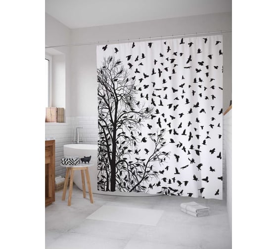 Штора (занавеска) для ванной JoyArty "Птицы на ветках" из сатена, 180х200 см с крючками, sc_7665 1