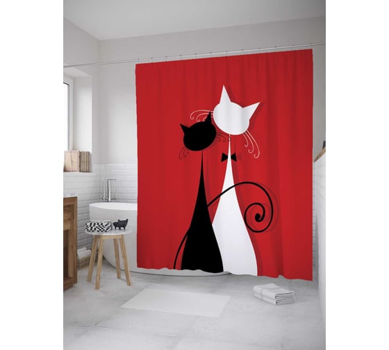Штора (занавеска) для ванной JoyArty "Кошачье свидание" из сатена, 180х200 см с крючками, sc_33480 1