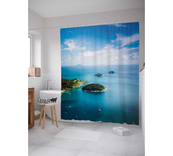 Штора (занавеска) для ванной JoyArty "Вид на острова" из сатена, 180х200 см с крючками, sc_9575