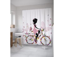 Штора (занавеска) для ванной JoyArty "На велосипеде в окружении бабочек" из сатена, 180х200 см с крючками, sc_61470