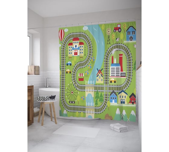 Штора (занавеска) для ванной JoyArty "Детская трамвайная дорога с мостами" из сатена, 180х200 см с крючками, sc_55281