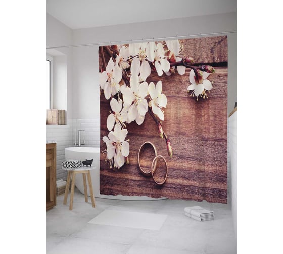 Штора (занавеска) для ванной JoyArty "Свадебная ветка" из сатена, 180х200 см с крючками, sc_35170 1