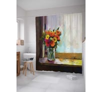 Штора (занавеска) для ванной JoyArty "Ваза цветов на подоконнике" из сатена, 180х200 см с крючками, sc_74206