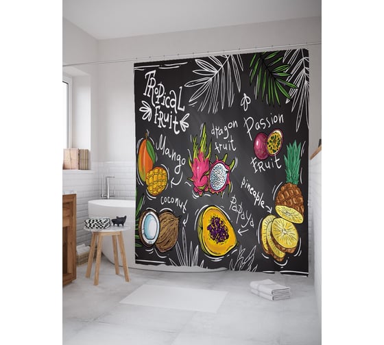 Штора (занавеска) для ванной JoyArty "Тропические фрукты" из сатена, 180х200 см с крючками, sc_62317