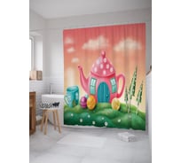 Штора (занавеска) для ванной JoyArty "Домик в чайнике" из сатена, 180х200 см с крючками, sc_62724