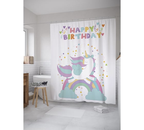 Штора (занавеска) для ванной JoyArty "День рождения единорога" из сатена, 180х200 см с крючками, sc_60910 1