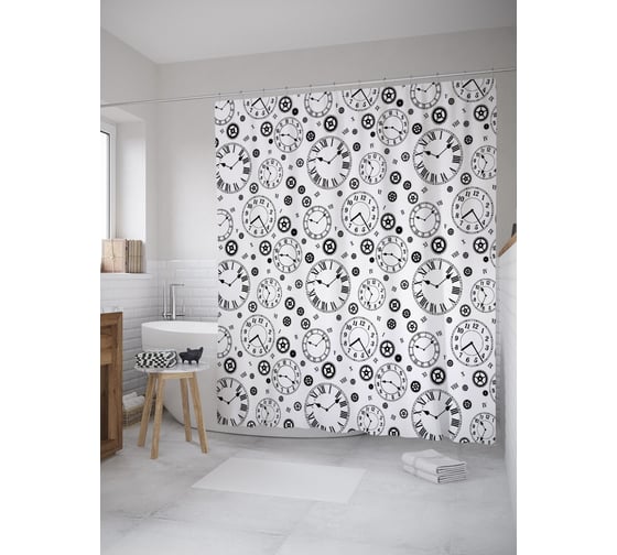 Штора (занавеска) для ванной JoyArty "Механические часы" из сатена, 180х200 см с крючками, sc_52519