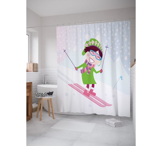 Штора (занавеска) для ванной JoyArty "Катание с горы" из сатена, 180х200 см с крючками, sc_63749 1