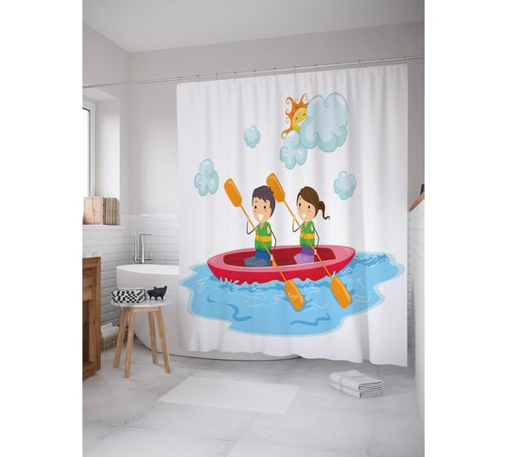 Штора (занавеска) для ванной JoyArty "Пара на байдарке" из сатена, 180х200 см с крючками, sc_63773 1