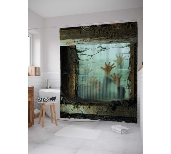 Штора (занавеска) для ванной JoyArty "Зомби за окном" из сатена, 180х200 см с крючками, sc_7132 1