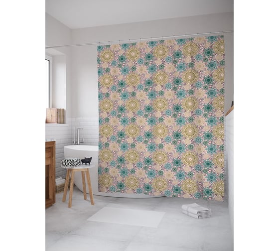 Штора (занавеска) для ванной JoyArty "Лучистые цветы" из сатена, 180х200 см с крючками, sc_57491 1