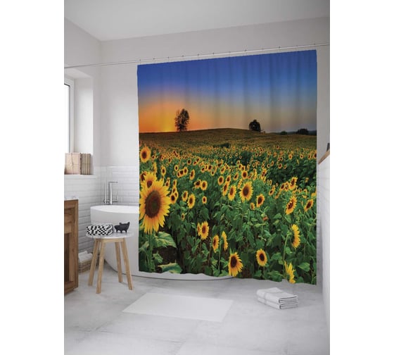 Штора (занавеска) для ванной JoyArty "Край подсолнухов" из сатена, 180х200 см с крючками, sc_8250 1