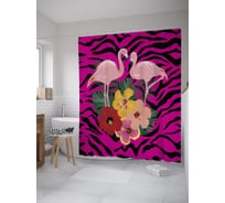 Штора (занавеска) для ванной JoyArty "Фламинго на острове цветов" из сатена, 180х200 см с крючками, sc_61654