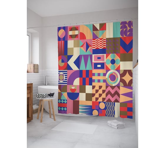 Штора (занавеска) для ванной JoyArty "Геометрическая мозаика" из сатена, 180х200 см с крючками, sc_64383 1