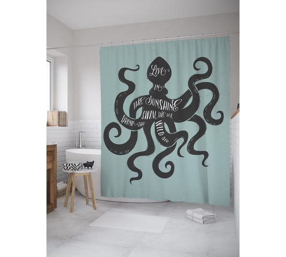 Штора (занавеска) для ванной JoyArty "Цитата на осьминоге" из сатена, 180х200 см с крючками, sc_61412 1