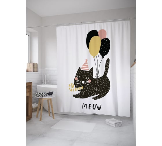 Штора (занавеска) для ванной JoyArty "Мяу" из сатена, 180х200 см с крючками, sc_61536 1