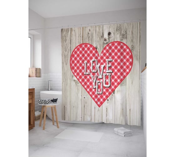 Штора (занавеска) для ванной JoyArty "Любовь в клеточку" из сатена, 180х200 см с крючками, sc_78161 1