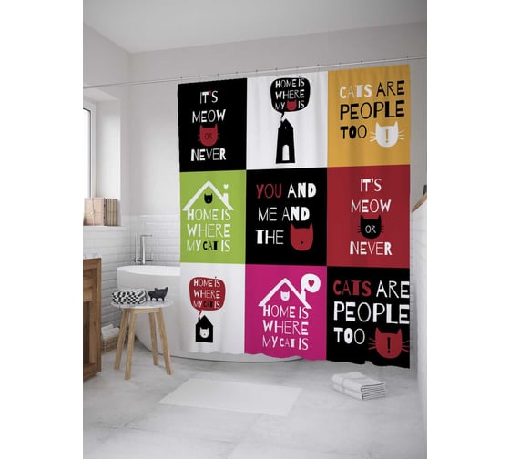 Штора (занавеска) для ванной JoyArty "Кошачьи пословицы" из сатена, 180х200 см с крючками, sc_9646 1