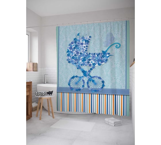 Штора (занавеска) для ванной JoyArty "Цветочная коляска" из сатена, 180х200 см с крючками, sc_7805