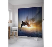 Штора (занавеска) для ванной JoyArty "Дельфины на закате" из сатена, 180х200 см с крючками, sc_8664