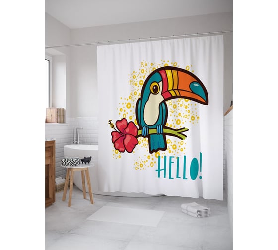 Штора (занавеска) для ванной JoyArty "Приветливый тукан" из сатена, 180х200 см с крючками, sc_52948 1