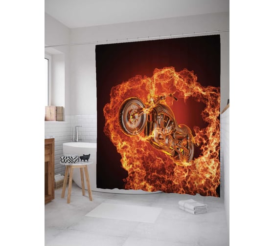 Штора (занавеска) для ванной JoyArty "Огненный мотоцикл" из сатена, 180х200 см с крючками, sc_9926 1