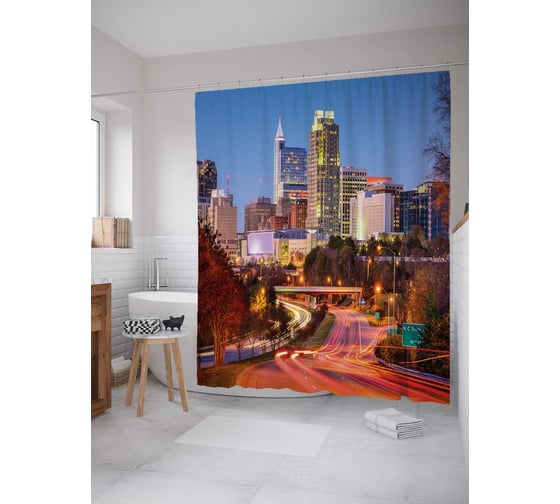 Штора (занавеска) для ванной JoyArty "Дорога к мегаполису" из сатена, 180х200 см с крючками, sc_36785