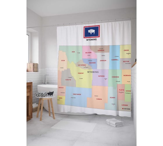 Штора (занавеска) для ванной JoyArty "Карта Штат Вайоминг" из сатена, 180х200 см с крючками, sc_7164 1
