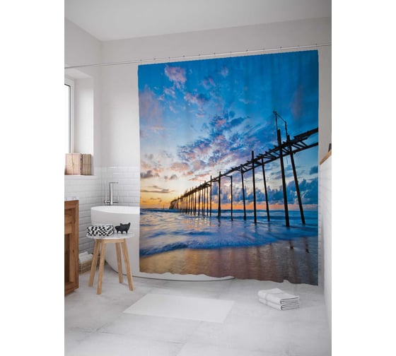 Штора (занавеска) для ванной JoyArty "Мост на сваях" из сатена, 180х200 см с крючками, sc_9525 1