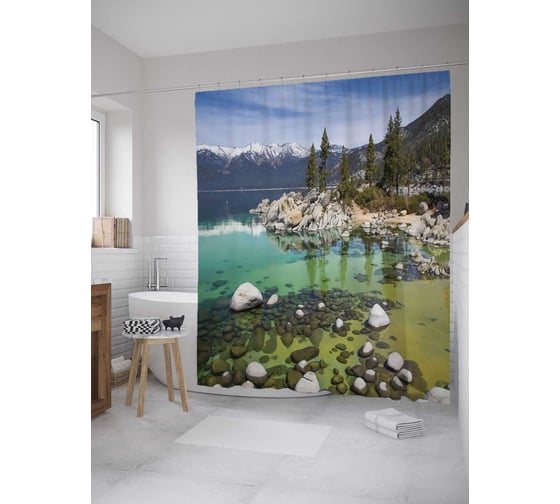 Штора (занавеска) для ванной JoyArty "Горное мелководье" из сатена, 180х200 см с крючками, sc_8528 1